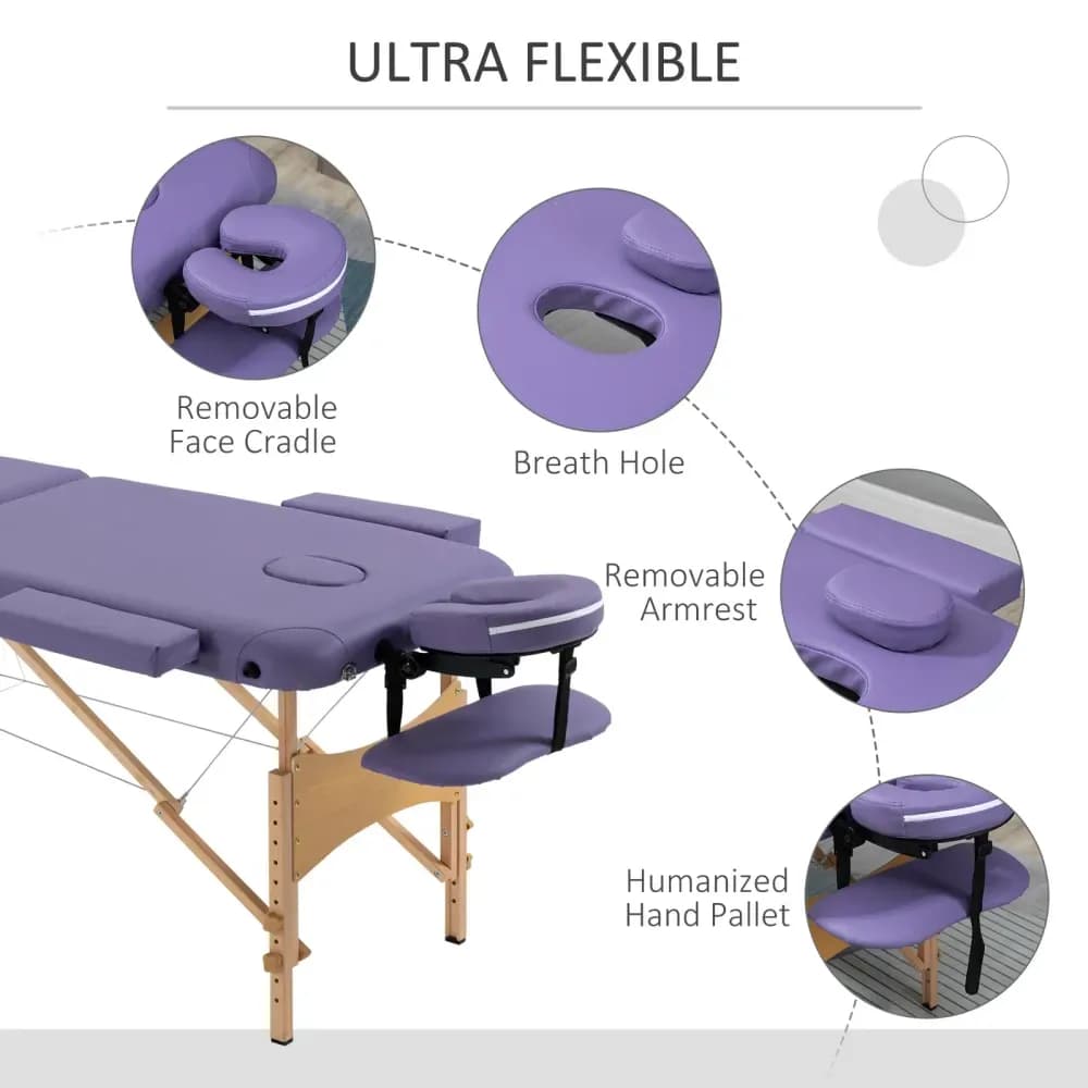Table de massage pliable 2 sections en bois, avec sac – Violette – photo 4