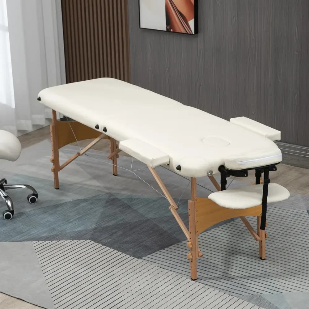 Table de massage pliable 2 sections en bois, avec sac – Crème – photo 4