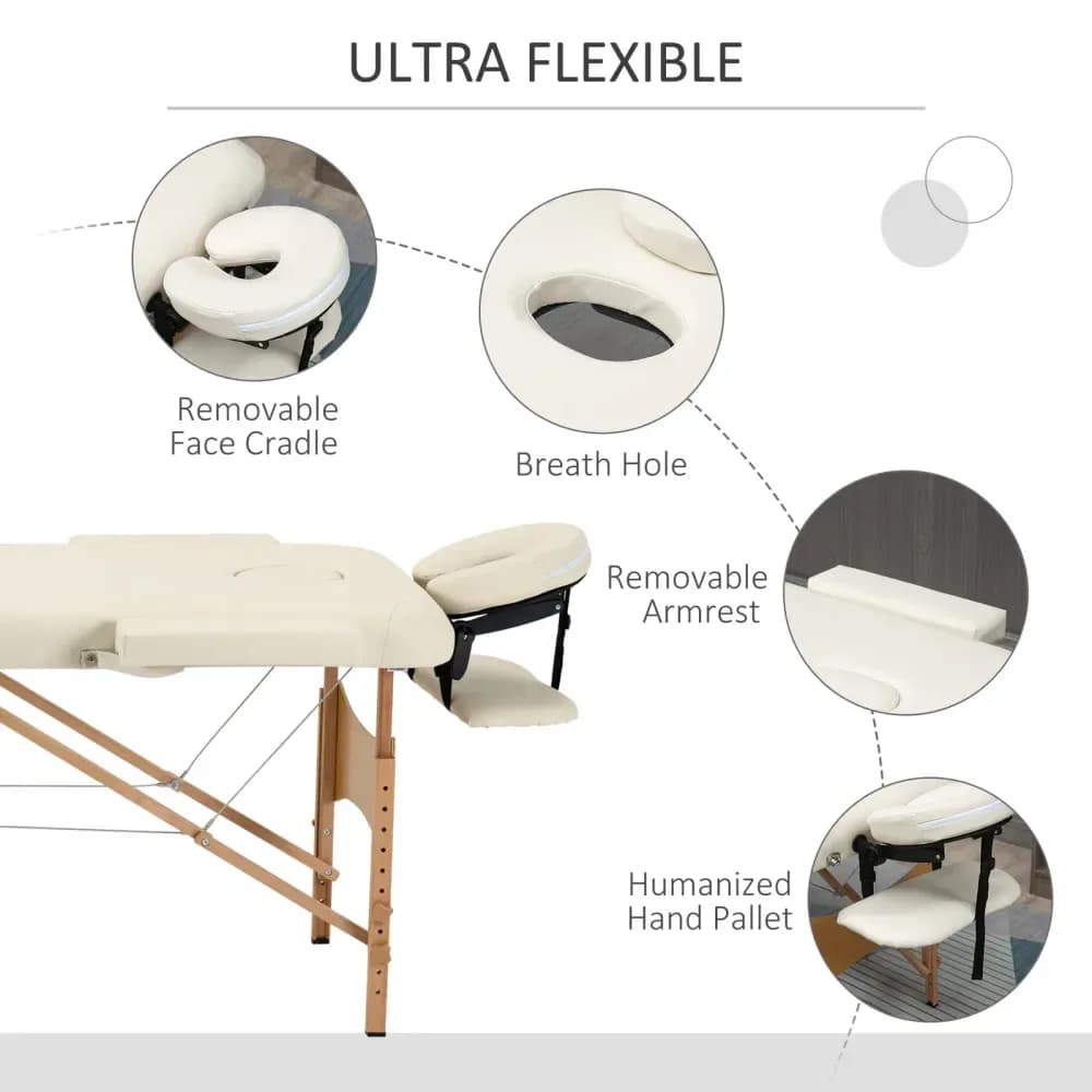 Table de massage pliable 2 sections en bois, avec sac – Crème – photo 2