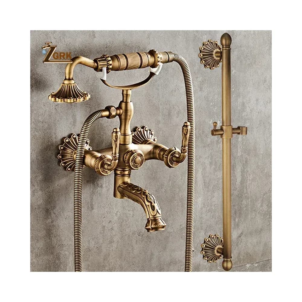 Robinetterie bain-douche murale sculptée en laiton antique