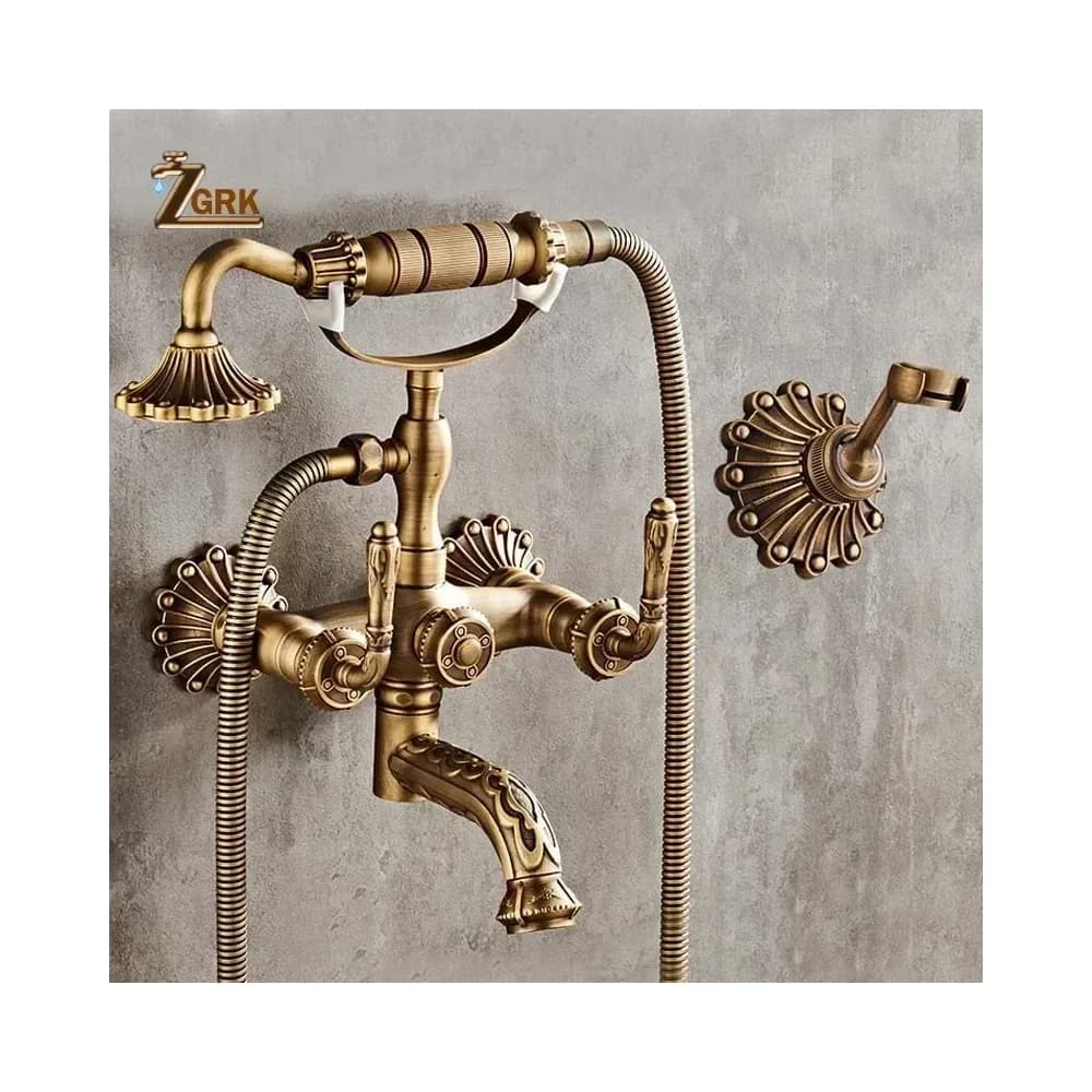 Robinetterie bain-douche murale sculptée en laiton antique – photo 4