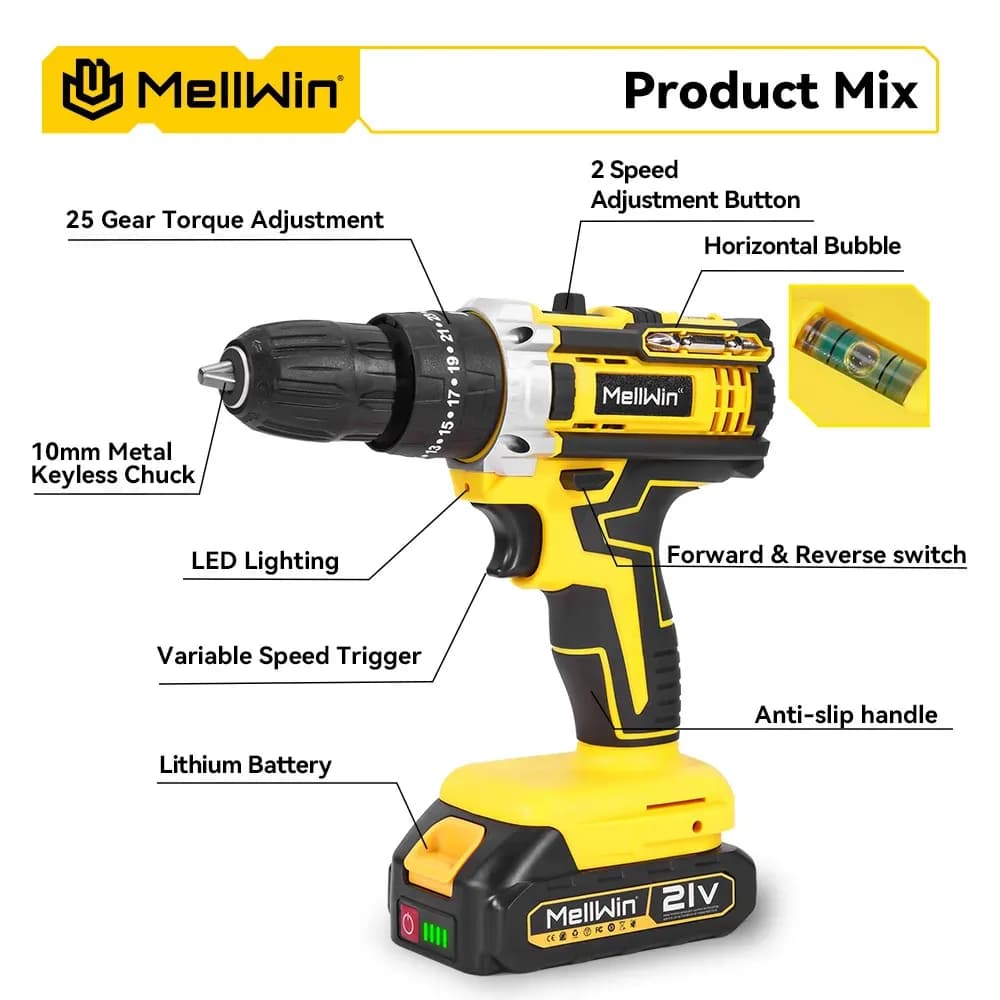 Perceuse-visseuse à percussion sans fil Mellwin, batterie Makita 18V – photo 6