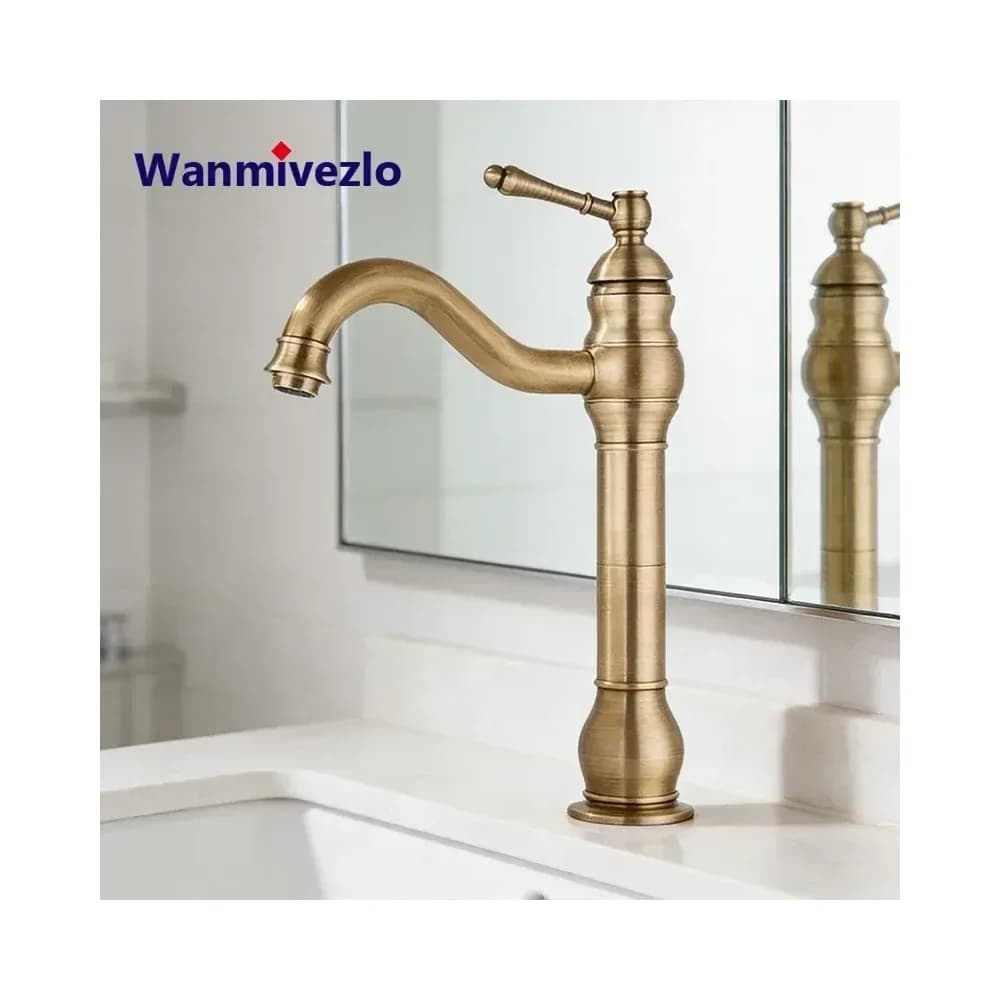 Mitigeur de lavabo haut pivotant 360° en laiton antique