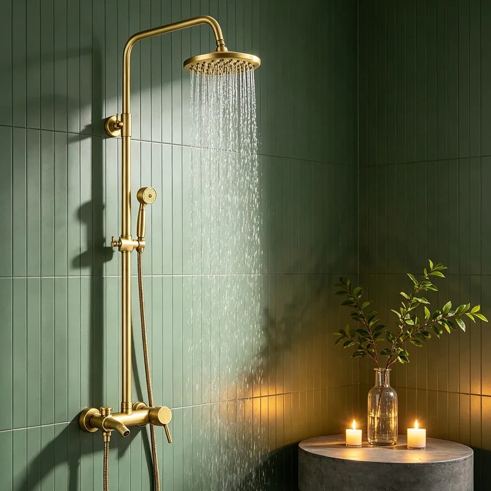 Kit de douche mural rétro en laiton antique, mitigeur 3 voies