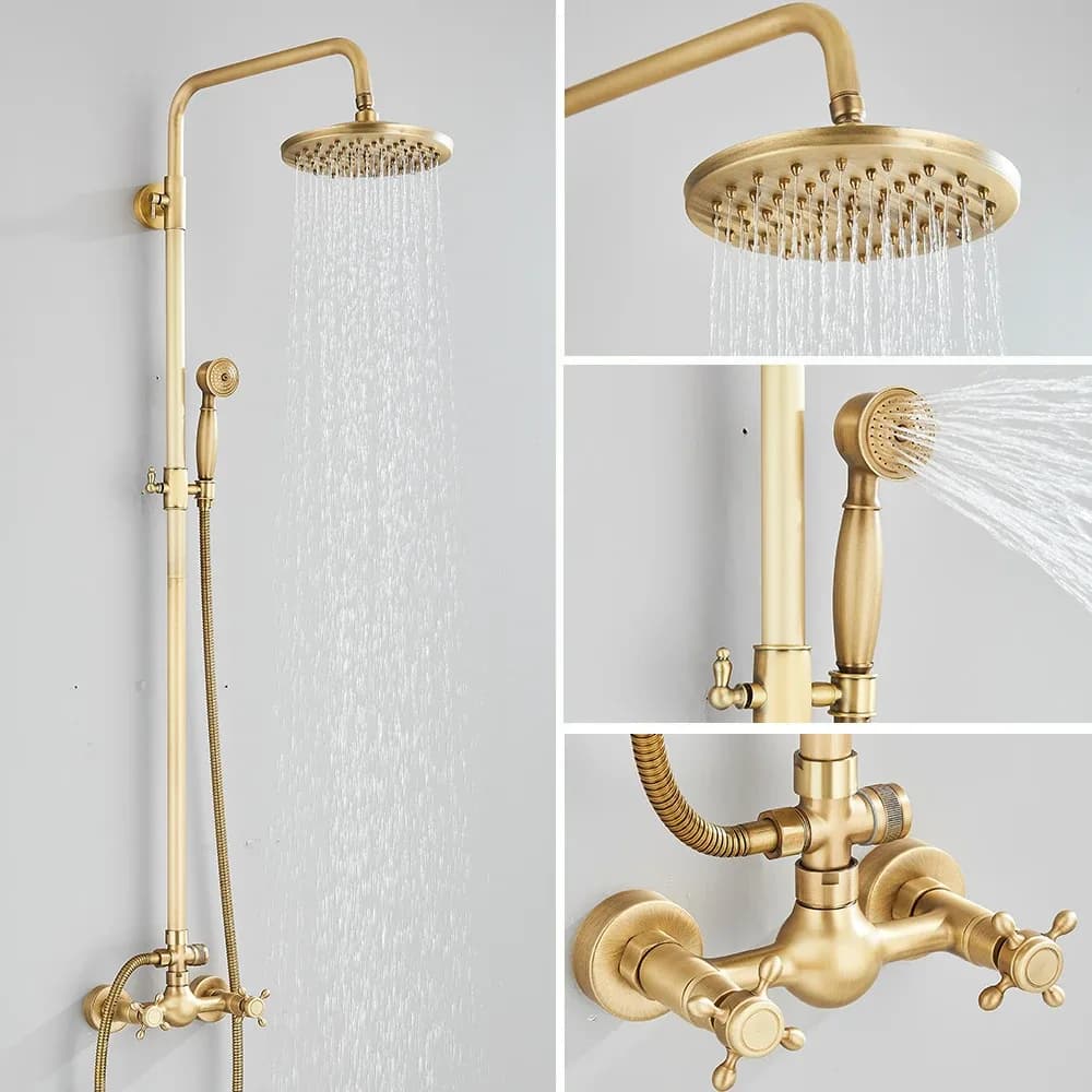 Kit de douche mural rétro en laiton antique, double commande