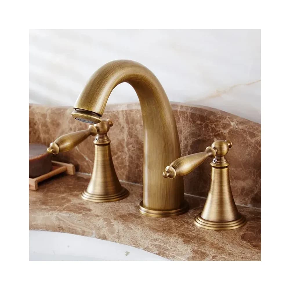 Robinet de lavabo 3 trous en laiton antique, croisillons – photo 2