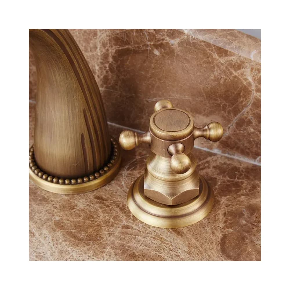 Robinet de lavabo 3 trous en laiton antique, croisillons – photo 4