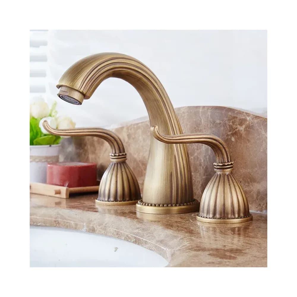 Robinet de lavabo 3 trous en laiton antique, croisillons