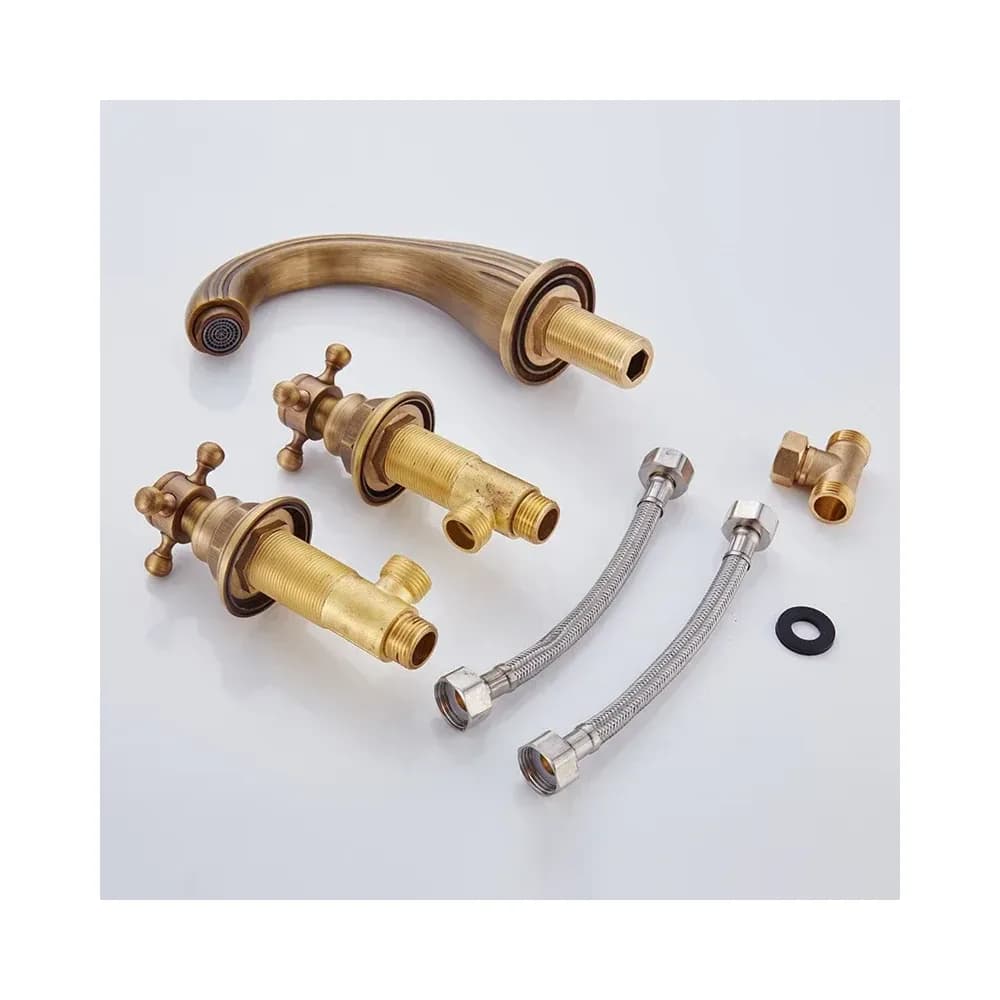 Robinet de lavabo 3 trous en laiton antique, croisillons – photo 6