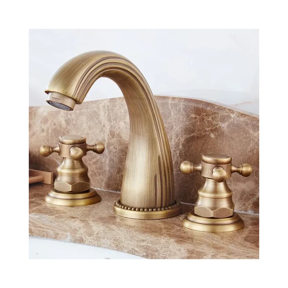 Robinet de lavabo 3 trous en laiton antique, croisillons – photo 3