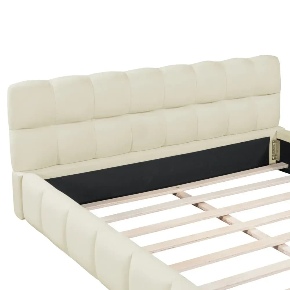 Lit double rembourré en lin avec sommier à lattes – Beige – photo 7