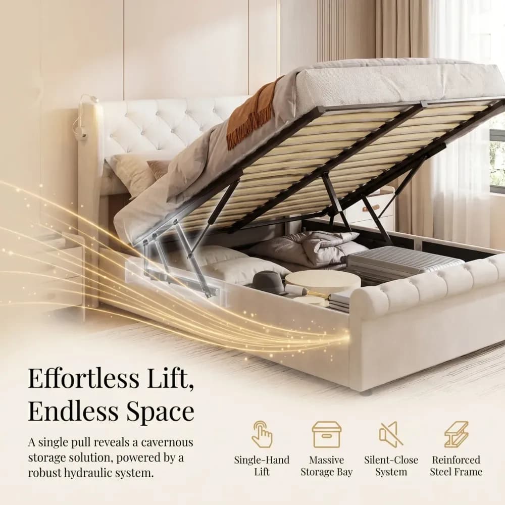Lit coffre double en velours 140 x 190 cm – Beige – photo 5