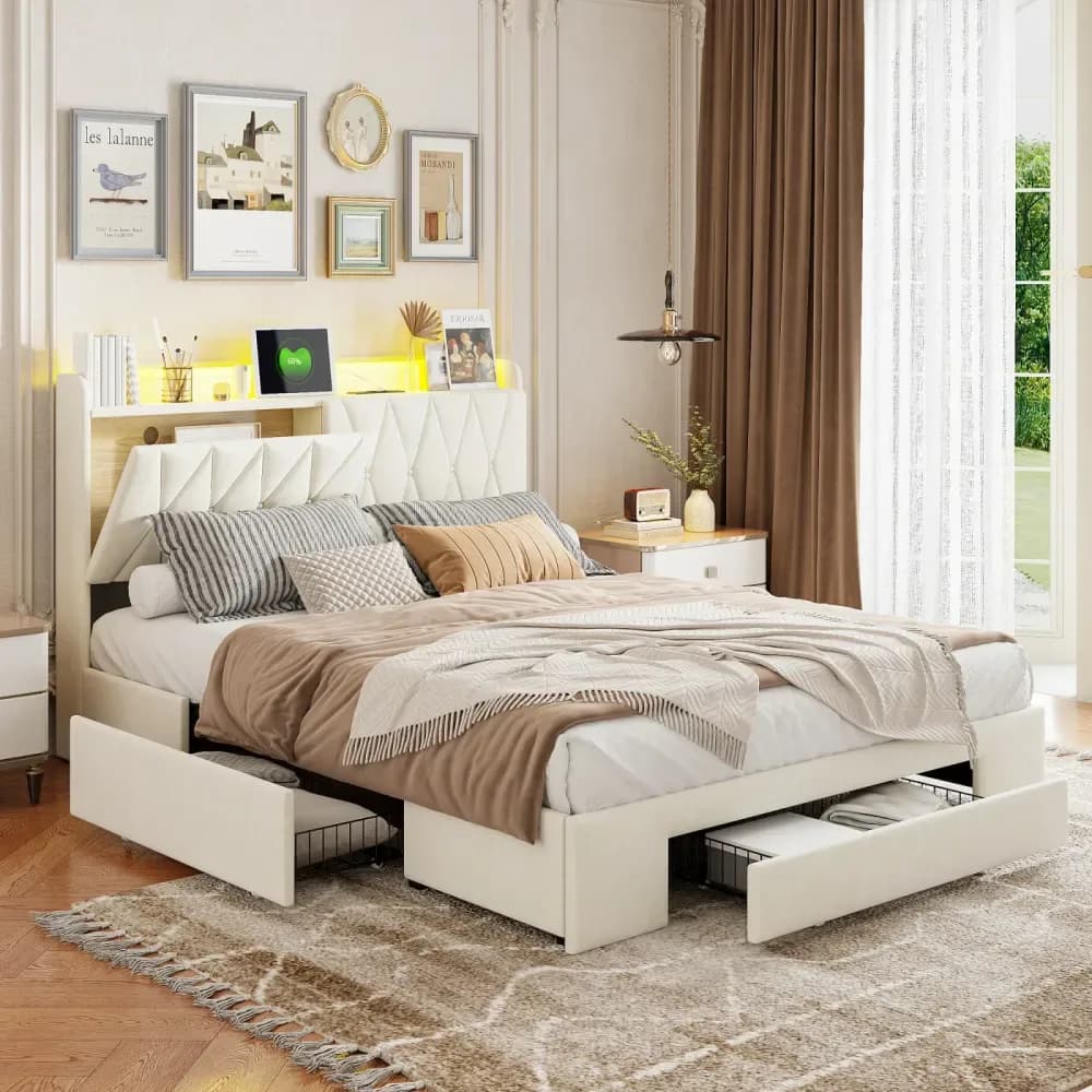 Lit double 160 x 200 cm en velours avec 3 tiroirs – Beige – photo 8