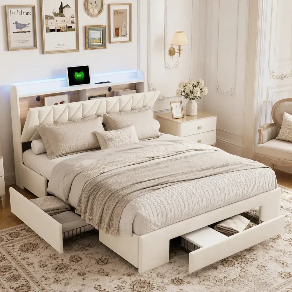 Lit double 160 x 200 cm en velours avec 3 tiroirs – Beige – photo 2