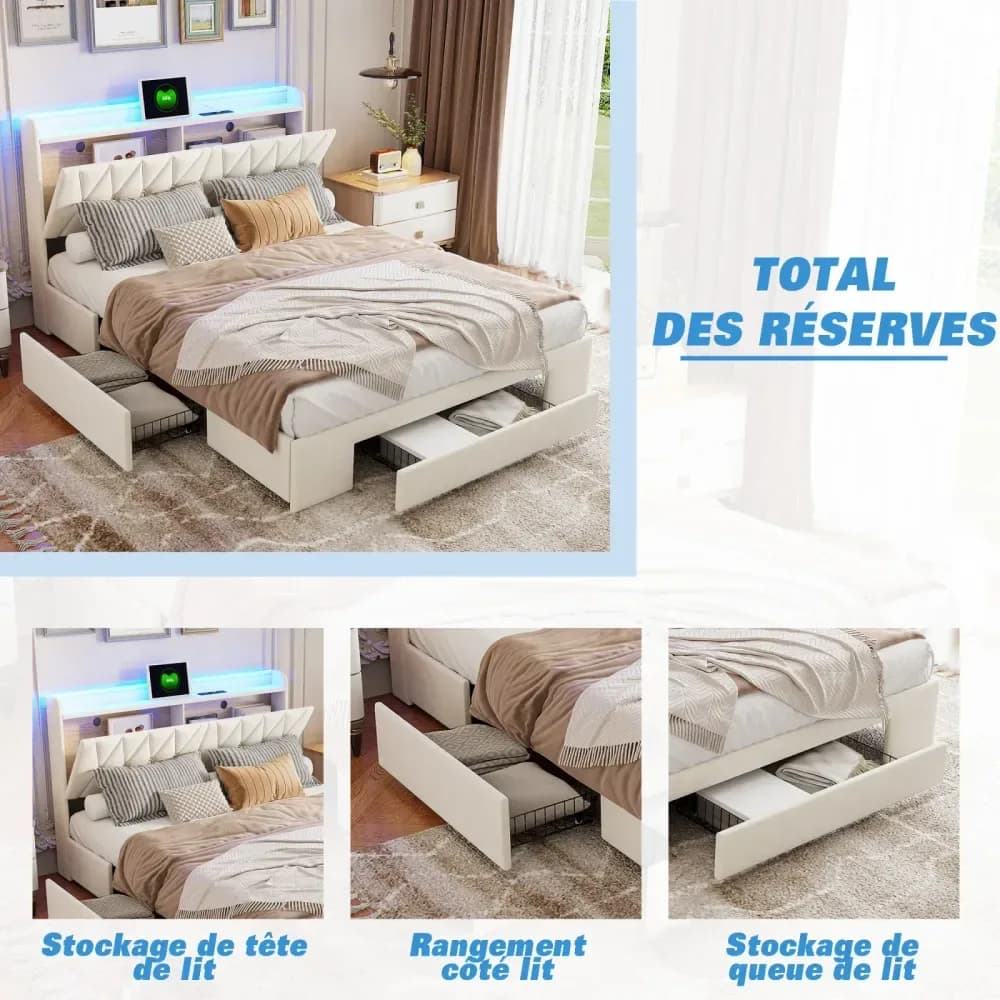 Lit double 160 x 200 cm en velours avec 3 tiroirs – Beige – photo 6