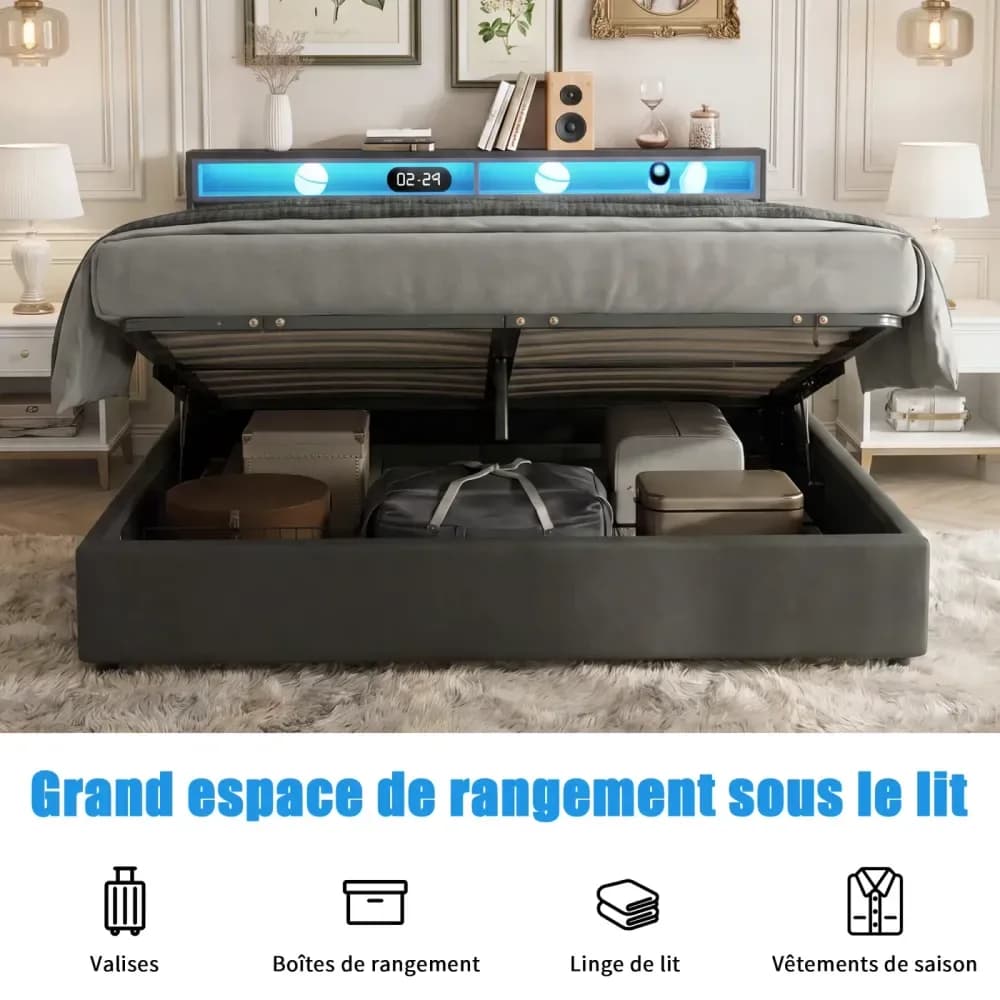 Lit coffre double rembourré en lin avec 2 tiroirs – Gris – photo 8