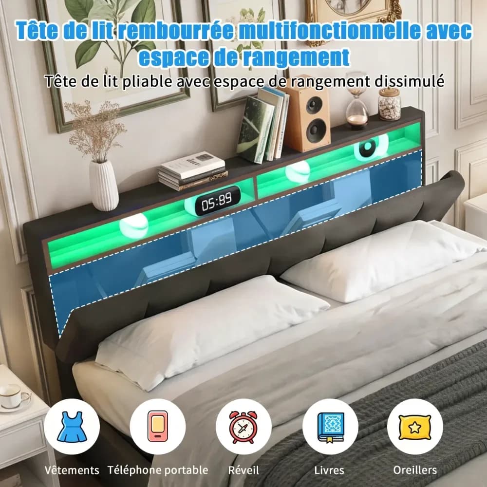 Lit coffre double rembourré en lin avec 2 tiroirs – Gris – photo 4