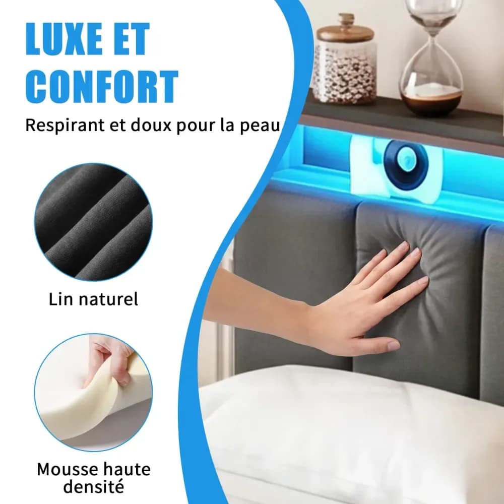 Lit coffre double rembourré en lin avec 2 tiroirs – Gris – photo 6
