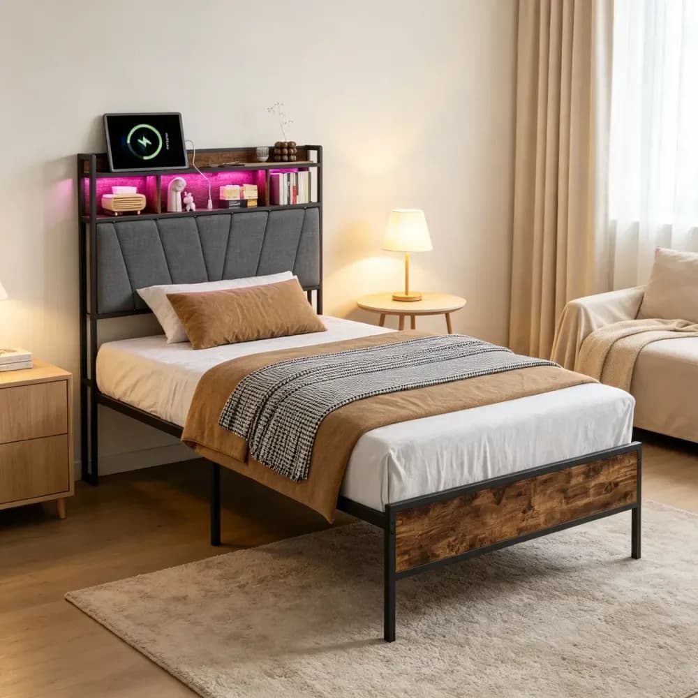 Lit simple en métal Superaly 90 x 200 cm avec rangement