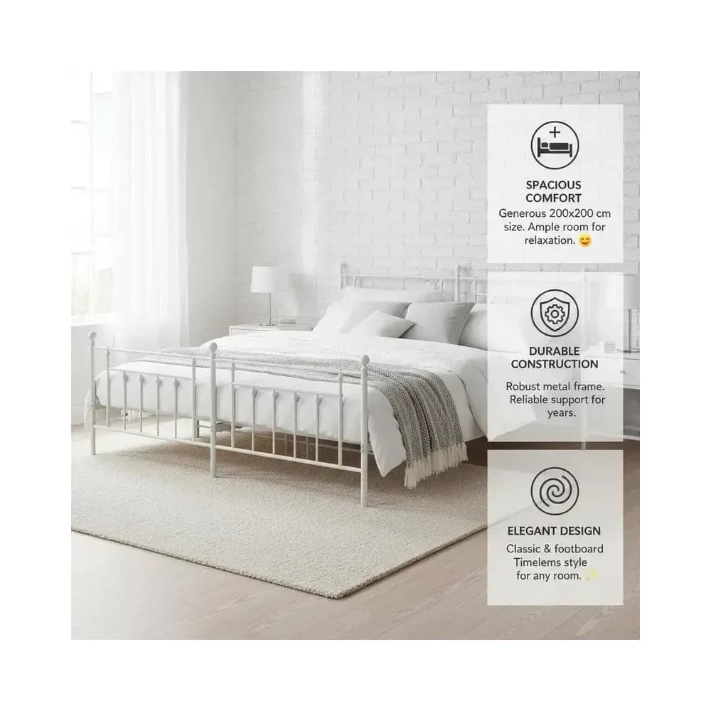 Cadre de lit en métal 200 x 200 cm avec tête et pied de lit – Blanc – photo 6
