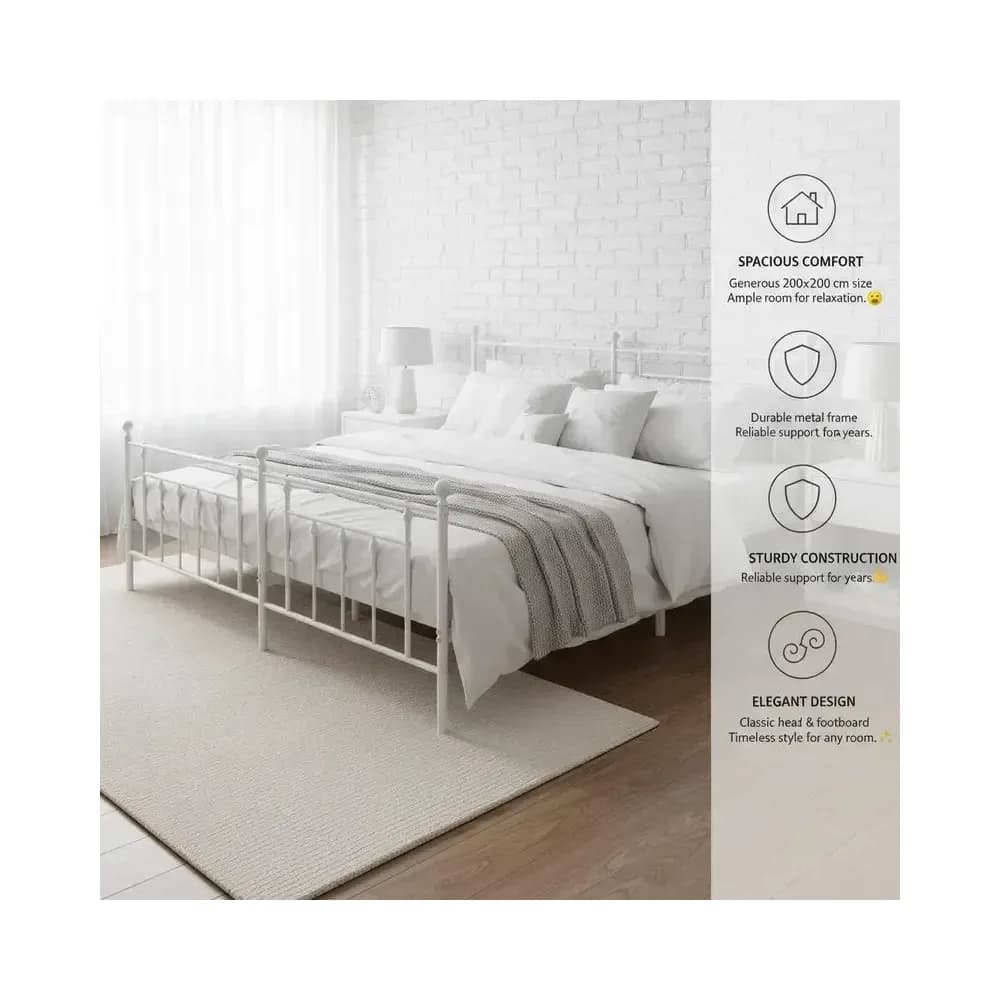 Cadre de lit en métal 200 x 200 cm avec tête et pied de lit – Blanc – photo 8