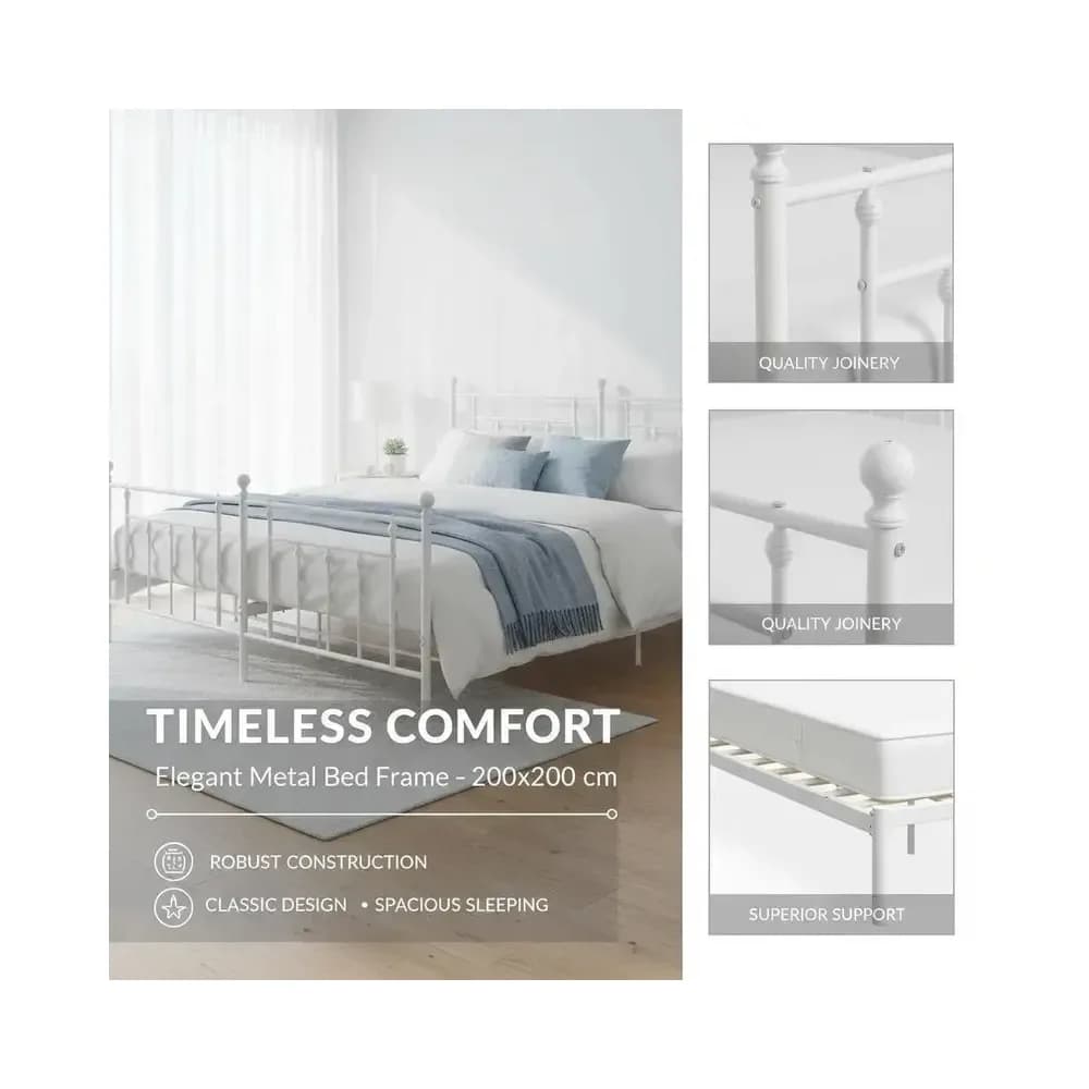 Cadre de lit en métal 200 x 200 cm avec tête et pied de lit – Blanc