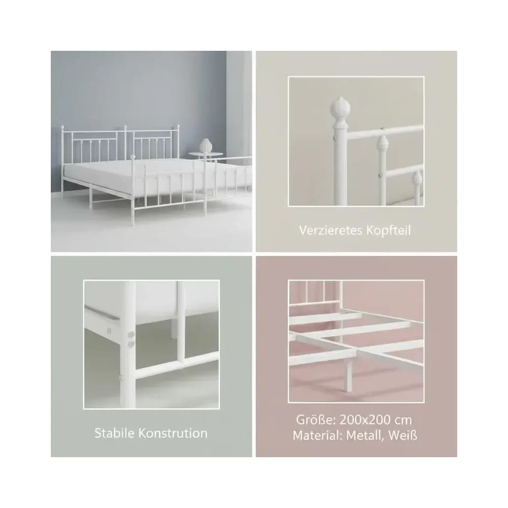 Cadre de lit en métal 200 x 200 cm avec tête et pied de lit – Blanc – photo 2