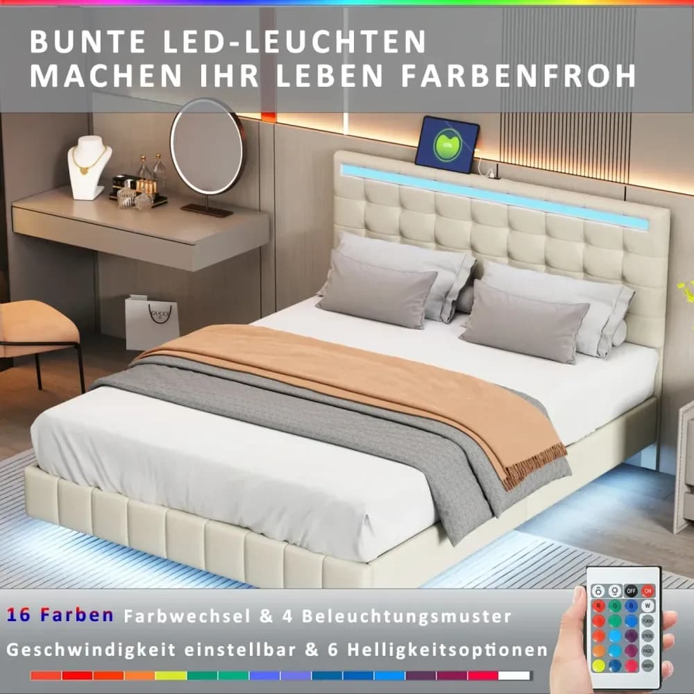 Lit double flottant rembourré en lin avec LED – photo 5