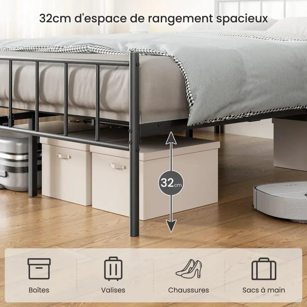 Cadre de lit double en métal avec rangement sous le lit – Noir – photo 6