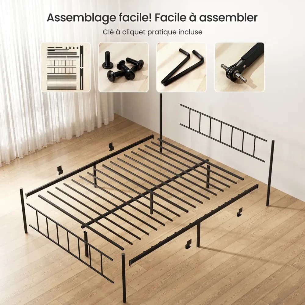 Cadre de lit double en métal avec rangement sous le lit – Noir – photo 7