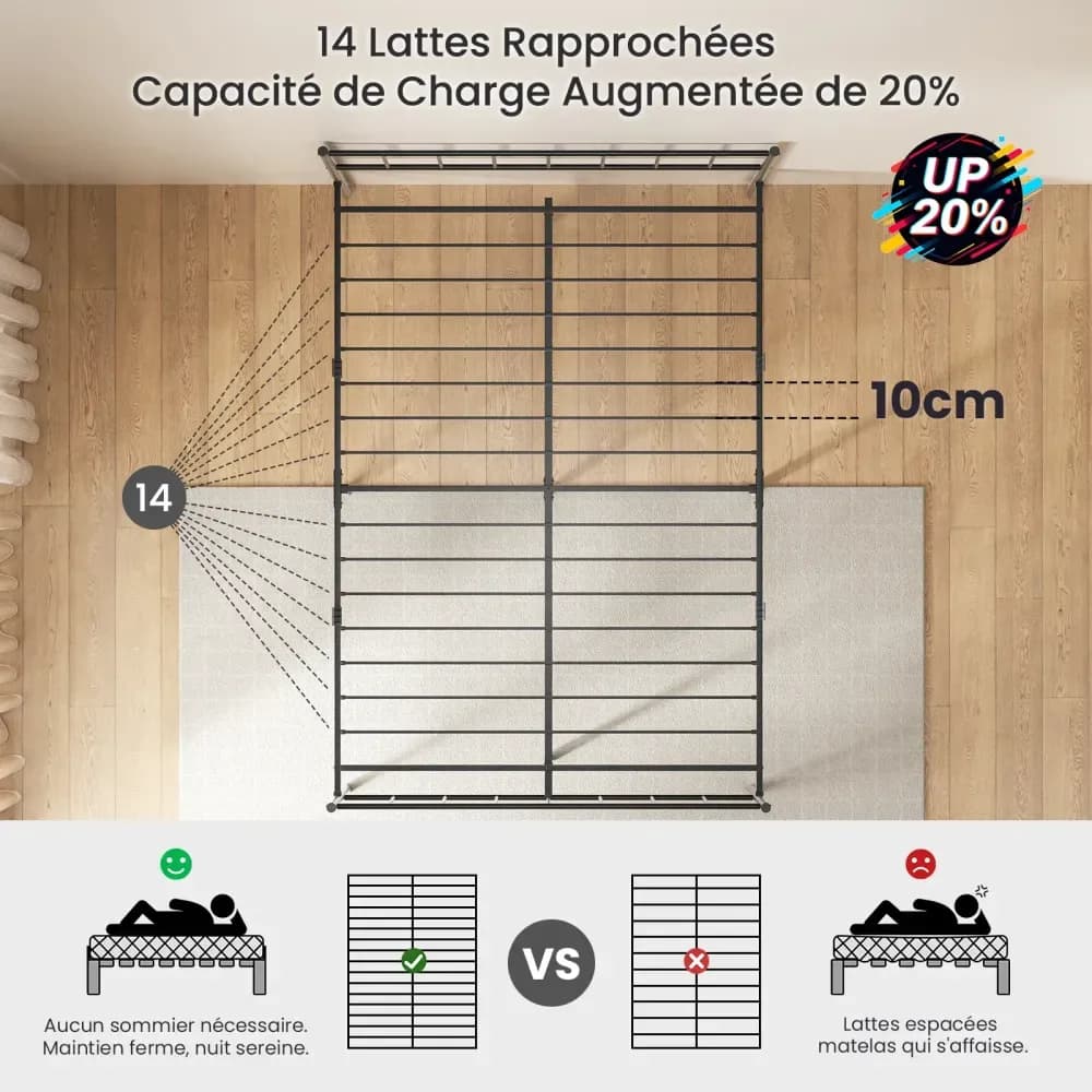 Cadre de lit double en métal avec rangement sous le lit – Noir – photo 3