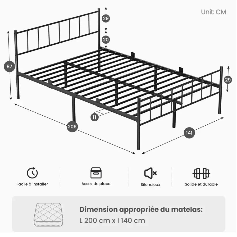 Cadre de lit double en métal avec rangement sous le lit – Noir – photo 8
