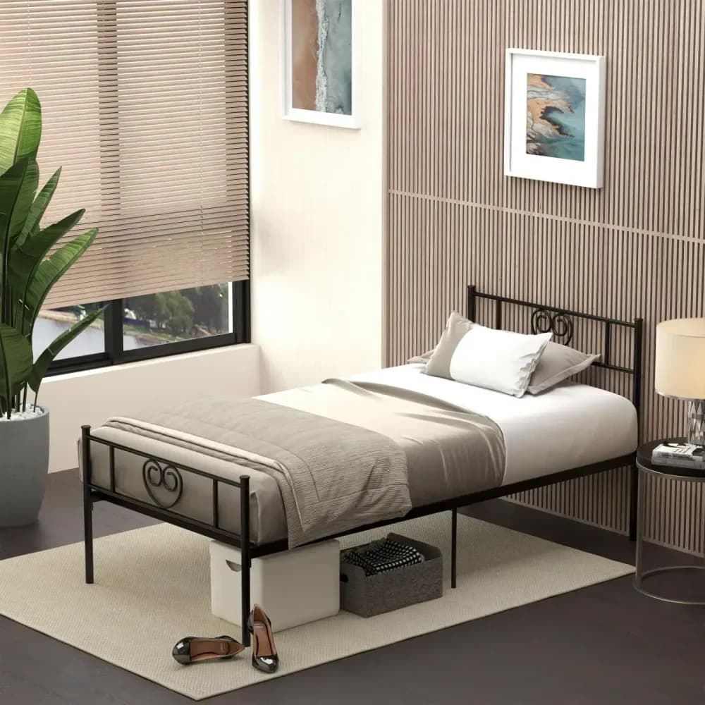 Lit simple en métal, tête de lit cœur, 90 x 190 cm – Noir – photo 3