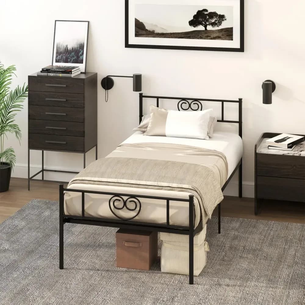 Lit simple en métal, tête de lit cœur, 90 x 190 cm – Noir – photo 4