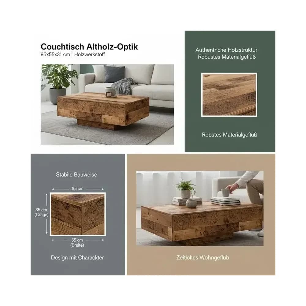 Table basse en bois recyclé avec étagère, 85 x 55 cm – photo 5