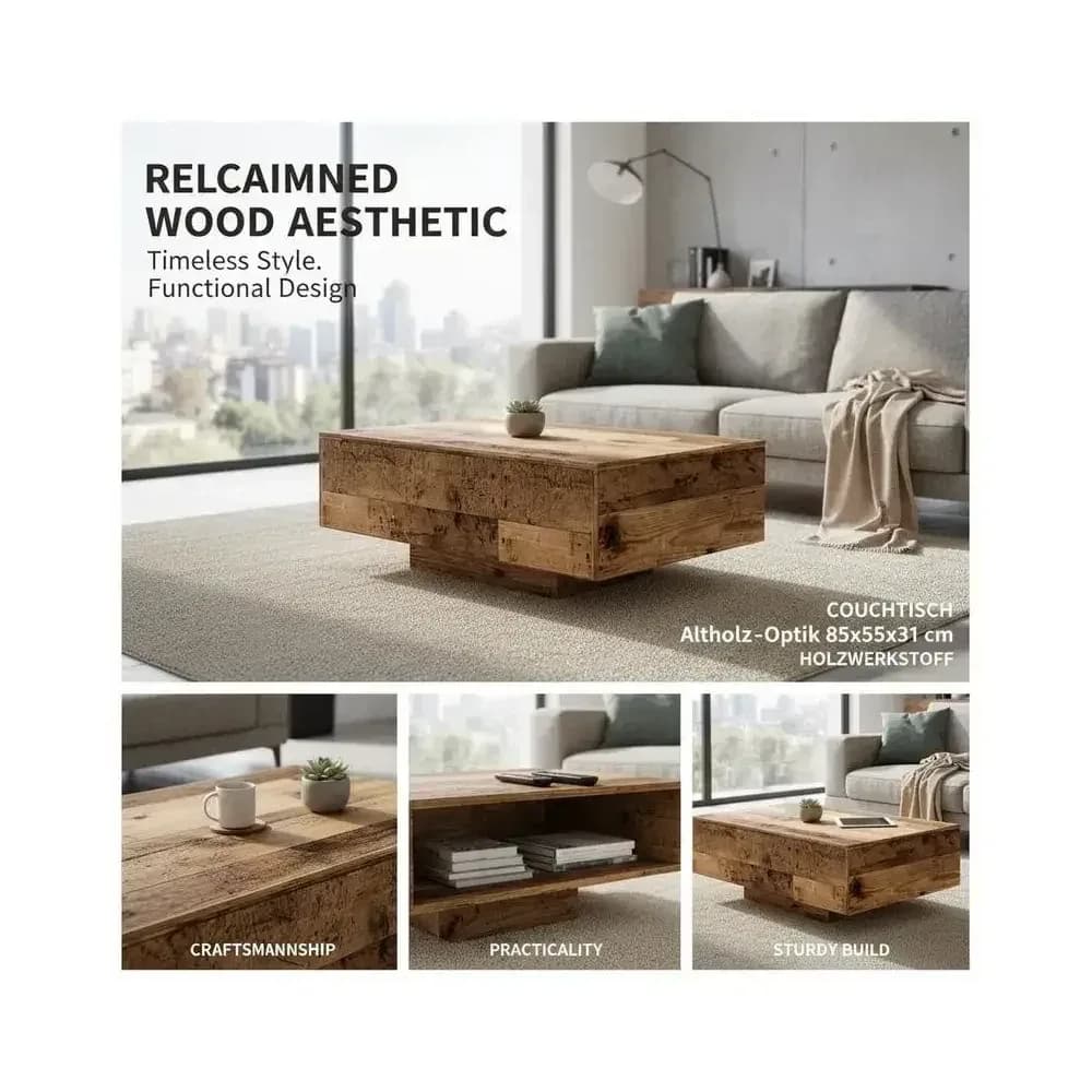 Table basse en bois recyclé avec étagère, 85 x 55 cm – photo 6