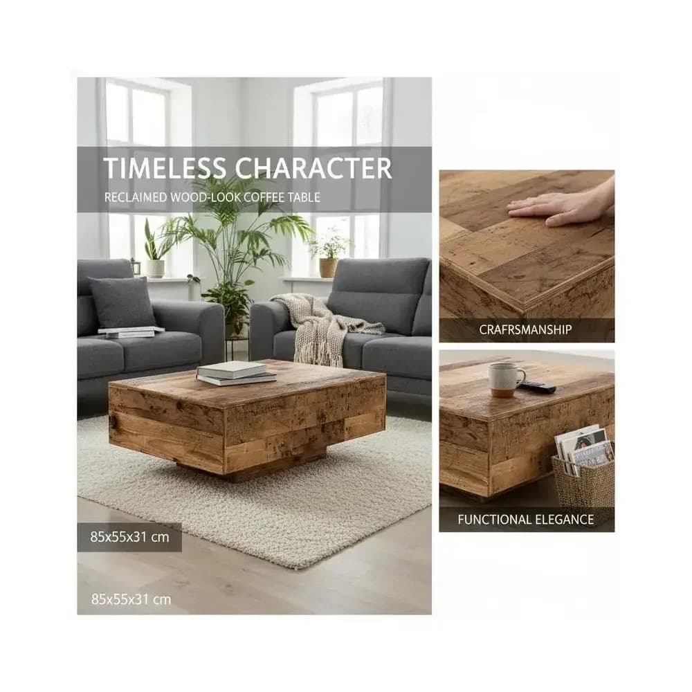 Table basse en bois recyclé avec étagère, 85 x 55 cm – photo 2