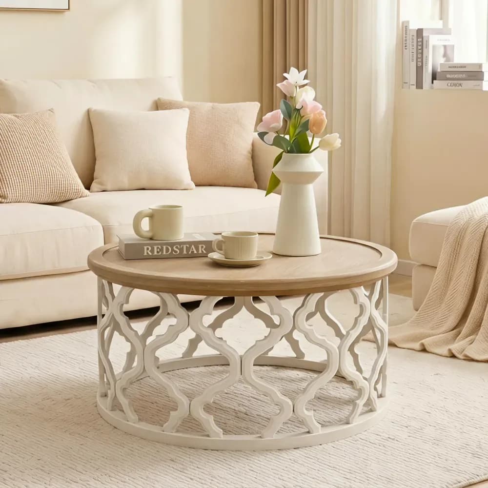 Table basse ronde en bois Ø 76 cm, style campagne chic – photo 2