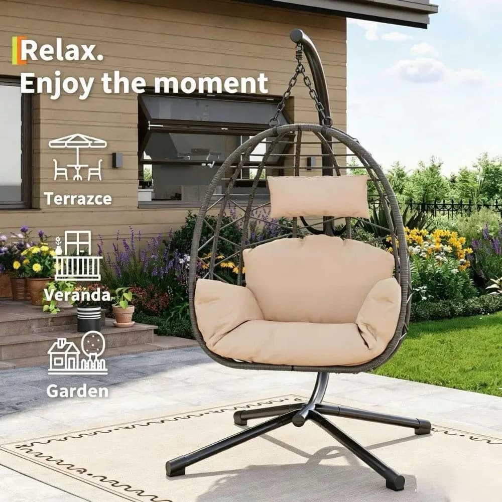 Fauteuil œuf suspendu pliant Garvee en osier, avec support – photo 6