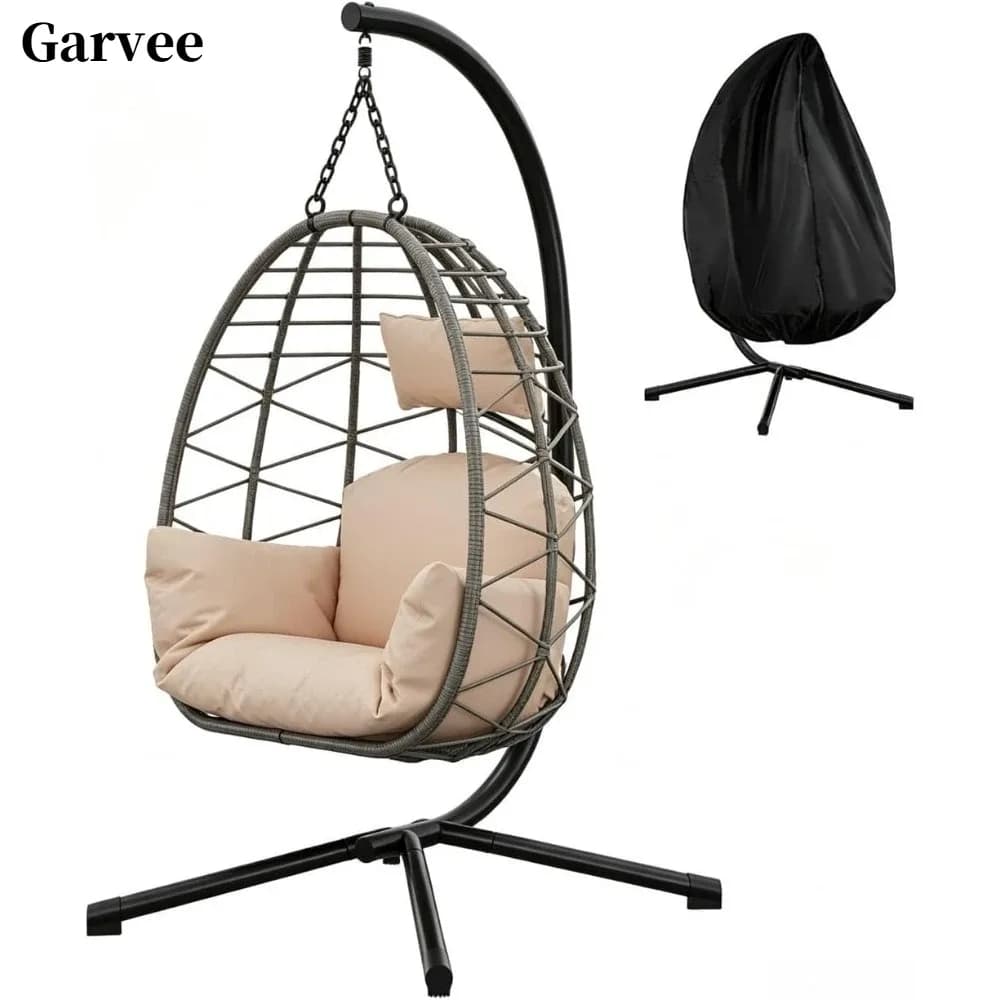 Fauteuil œuf suspendu pliant Garvee en osier, avec support – photo 2
