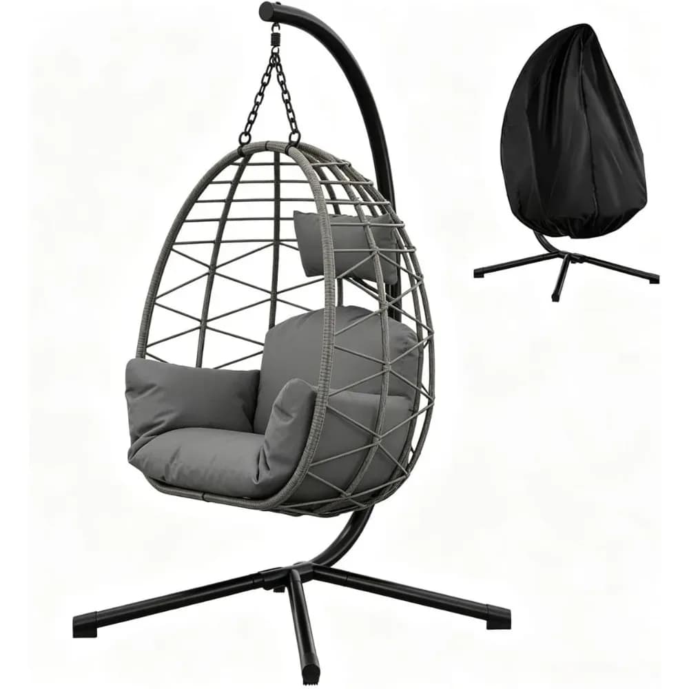 Fauteuil œuf suspendu pliant Garvee en osier, avec support – photo 7