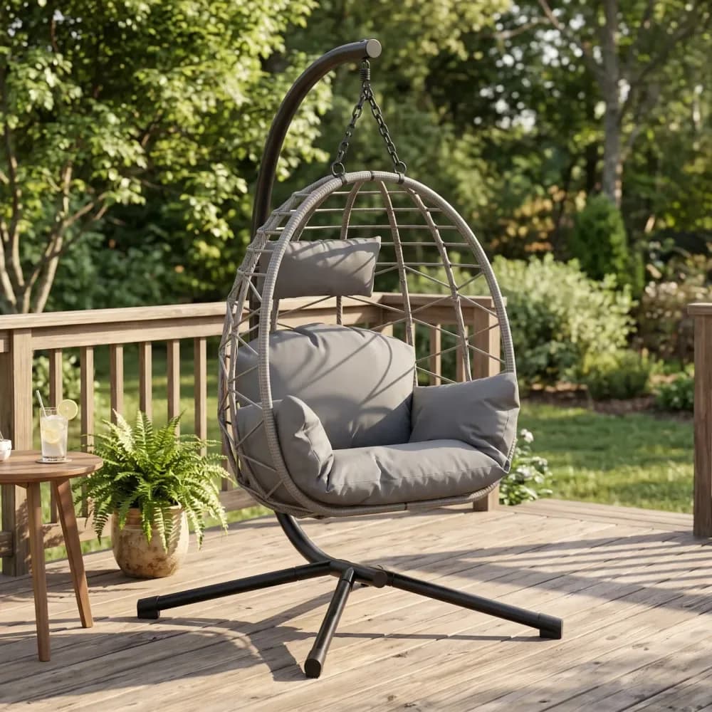 Fauteuil œuf suspendu en rotin avec support et coussins – photo 7