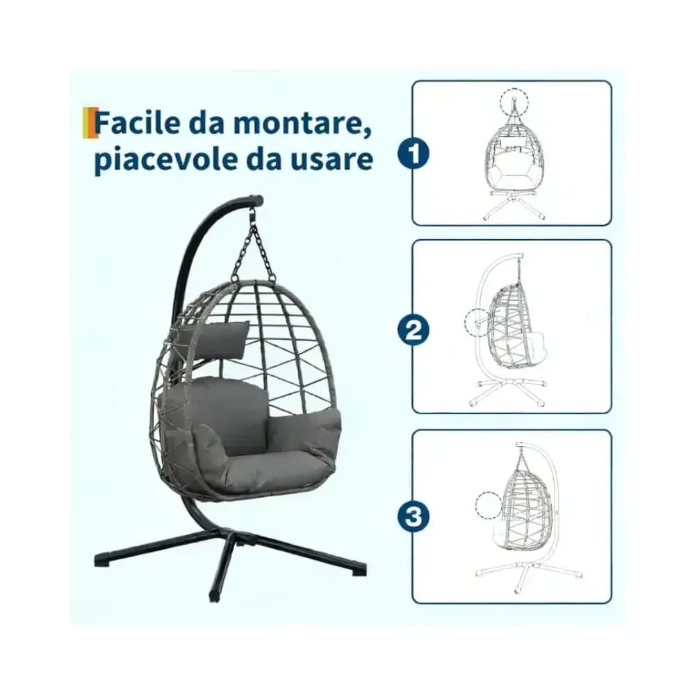 Fauteuil œuf suspendu en rotin avec support et coussins – photo 2