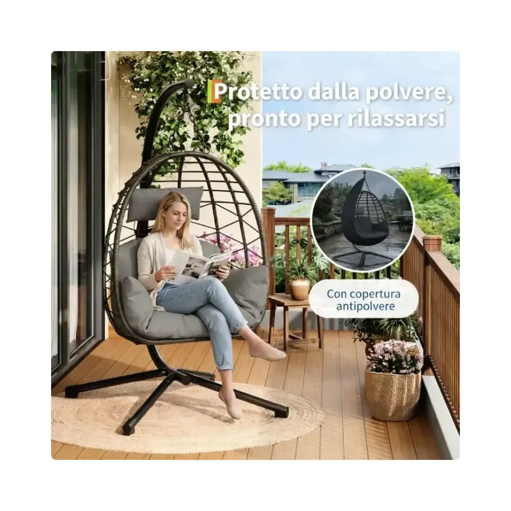 Fauteuil œuf suspendu en rotin avec support et coussins – photo 3