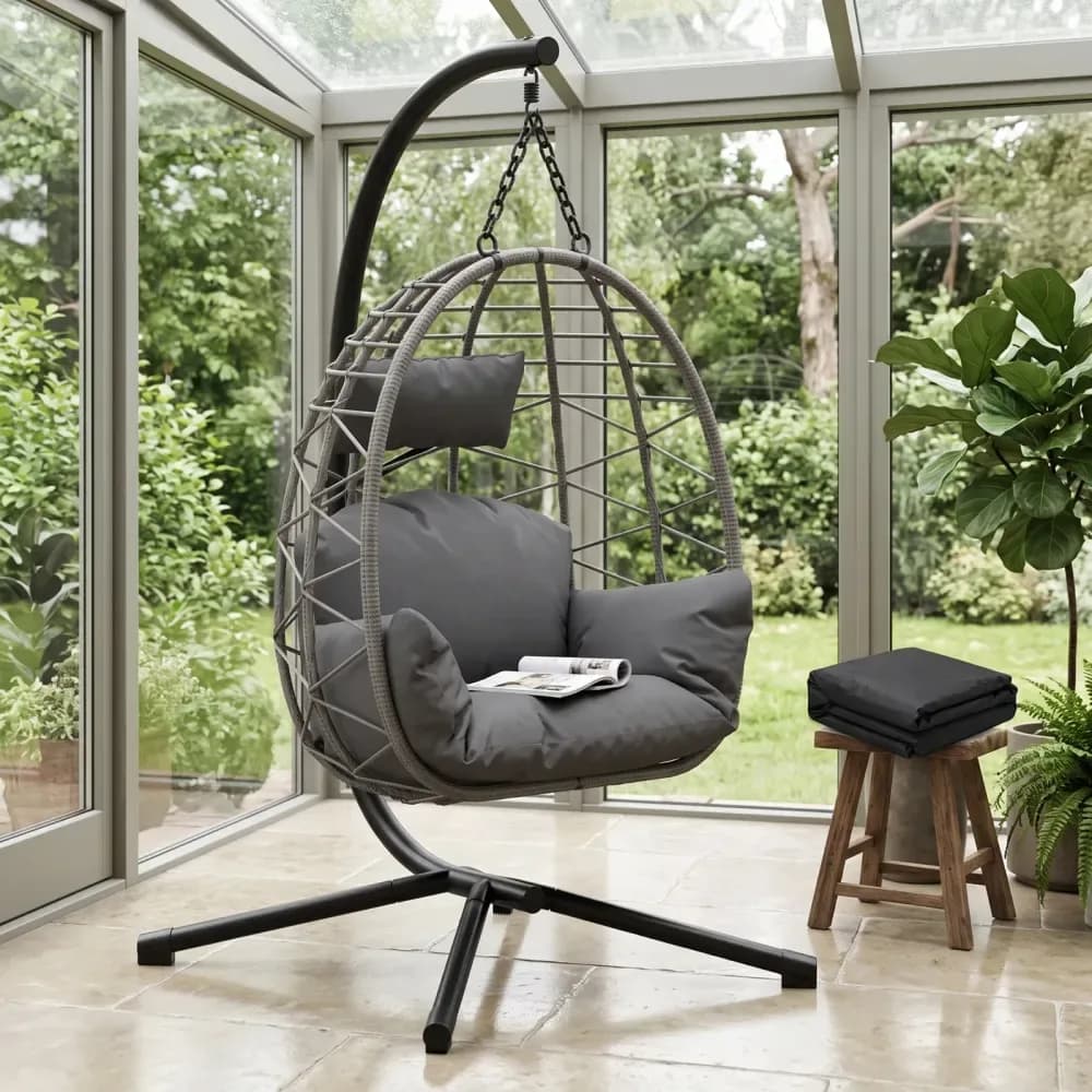 Fauteuil œuf suspendu en rotin avec support et coussins – photo 6