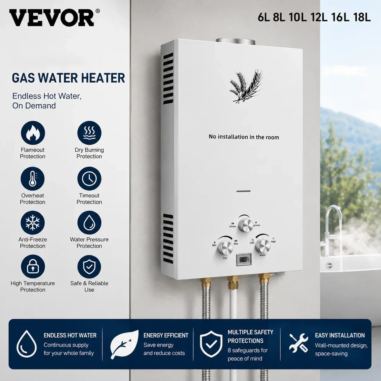Chauffe-eau au gaz propane/butane VEVOR, 6 à 18 L