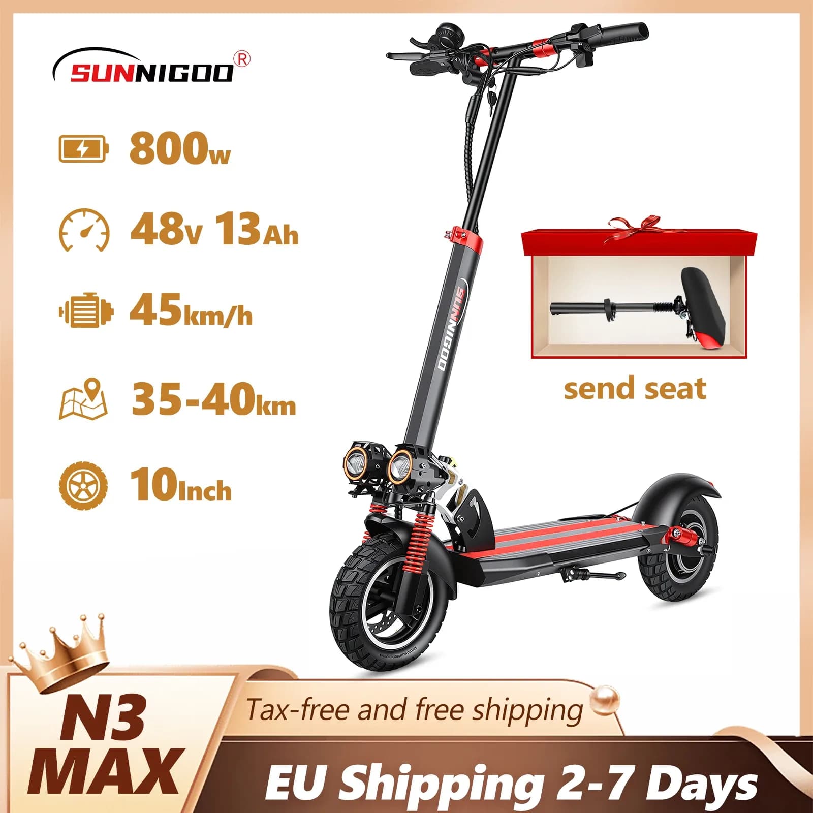 Trottinette électrique tout-terrain SUNNIGOO 10 pouces, autonomie 40 km