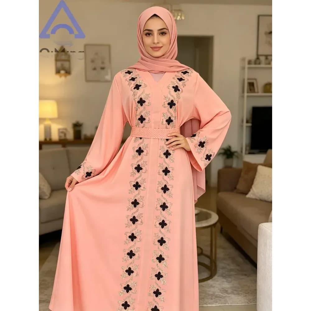 Abaya de soirée à strass, col V et ceinture – photo 6