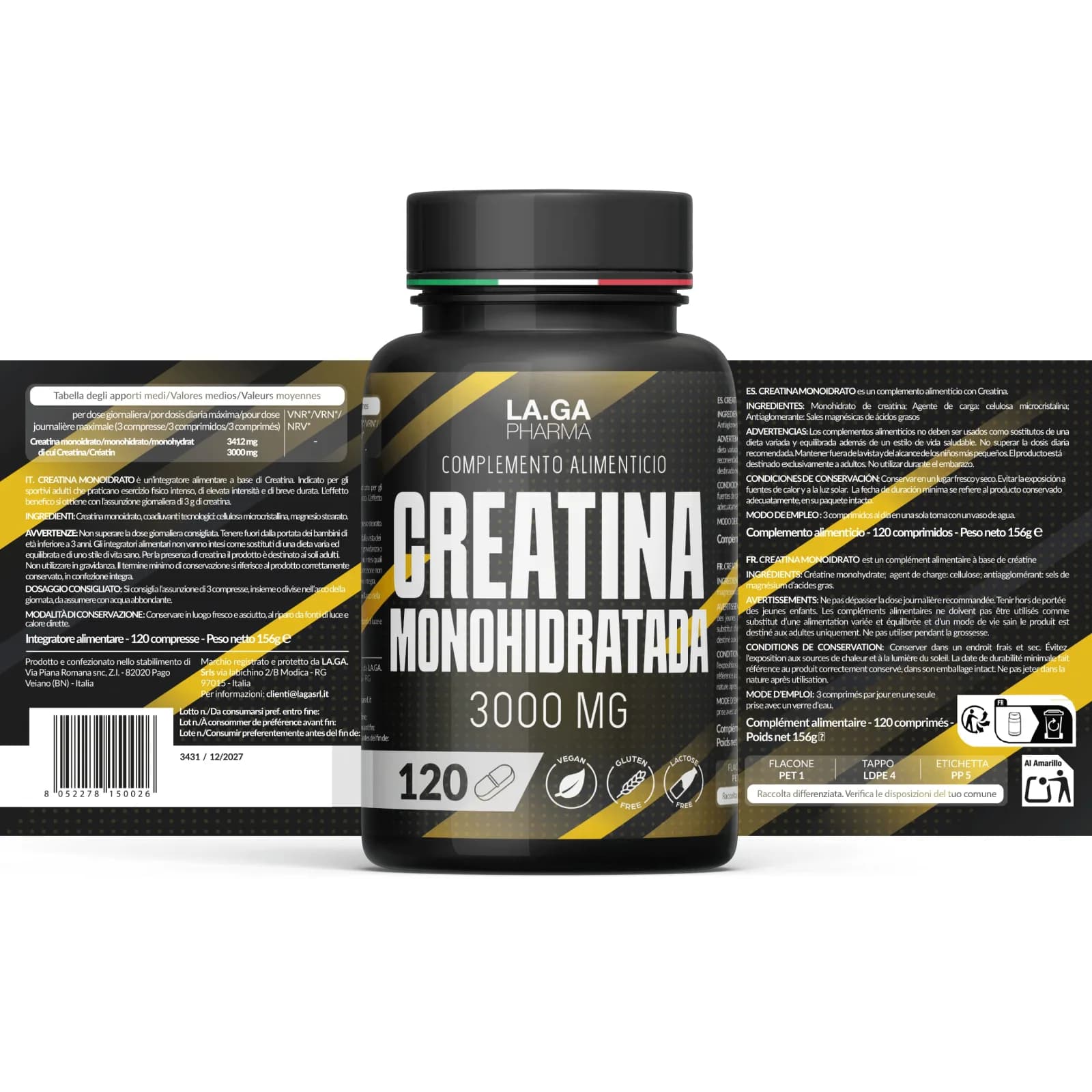 Comprimés de créatine monohydrate 3000 mg, alternative aux capsules, 120 vegan |   Formule micronisée, remplace les poudres et les pilules. Utile pour la performance physique et la masse musculaire. Fabriqué en Italie. – photo 7