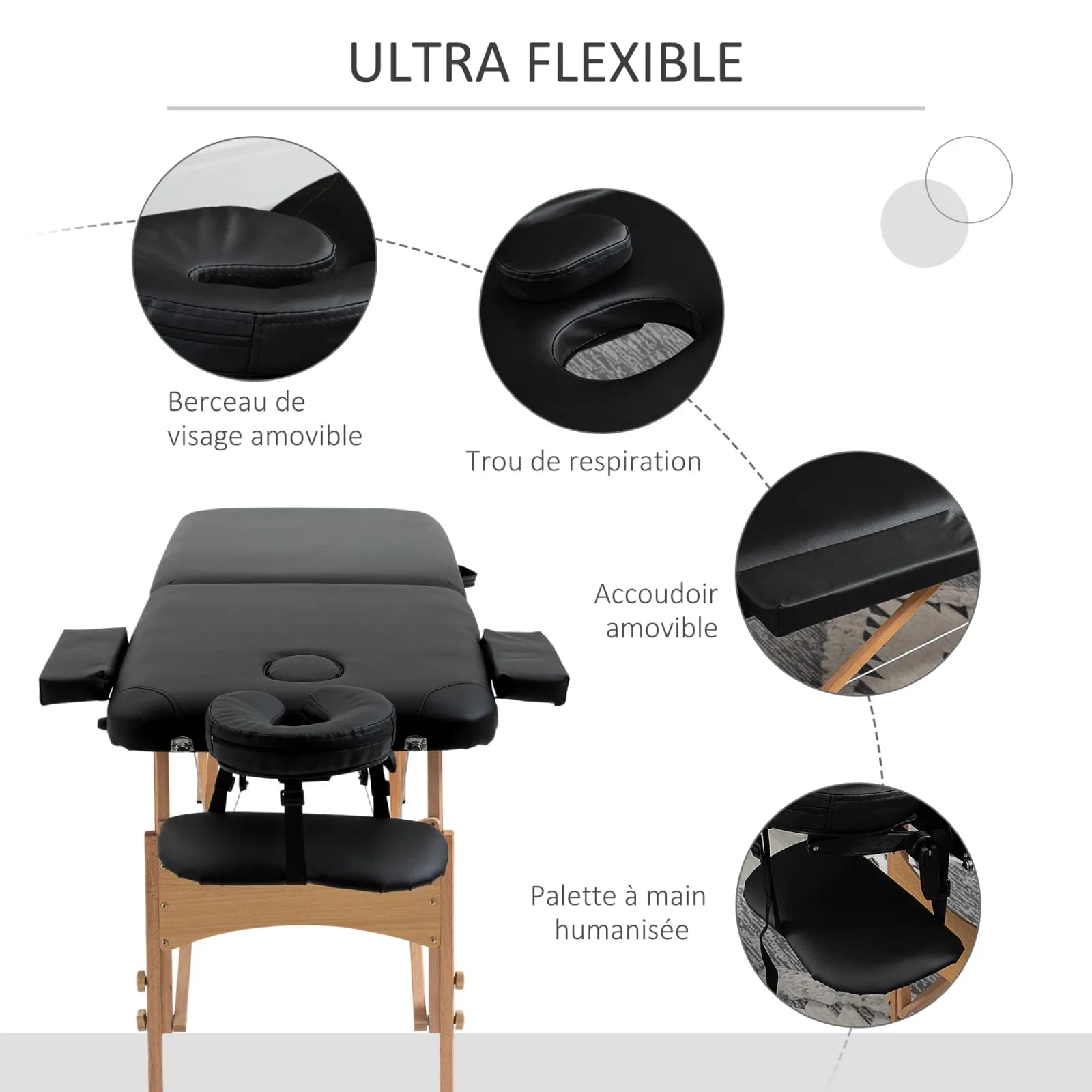 HOMCOM HOMCOM Lit/Table de Massage cosmetique Pliable en Bois 2 Zones noir – photo 4